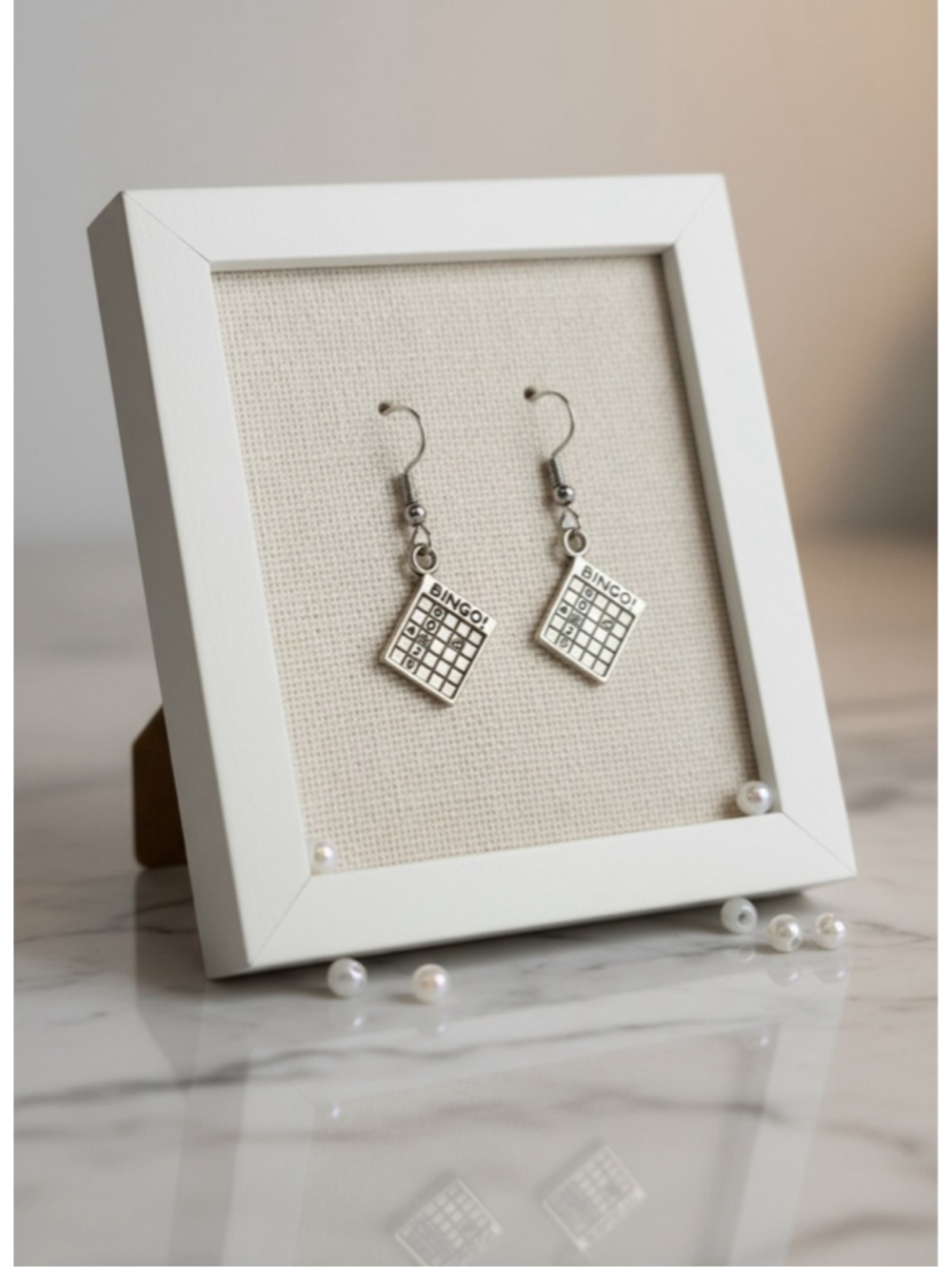 Bingo Card Dangle Earrings Silver Tone Game Night NWOT